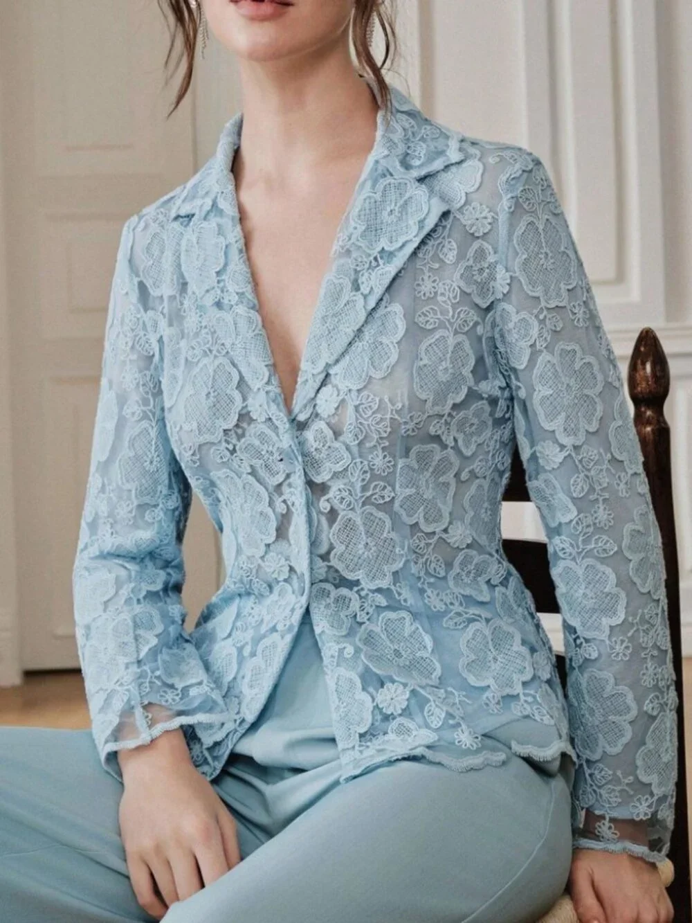 Dusty Blue Sheer Floral Lace Blazer with Notched Lapel